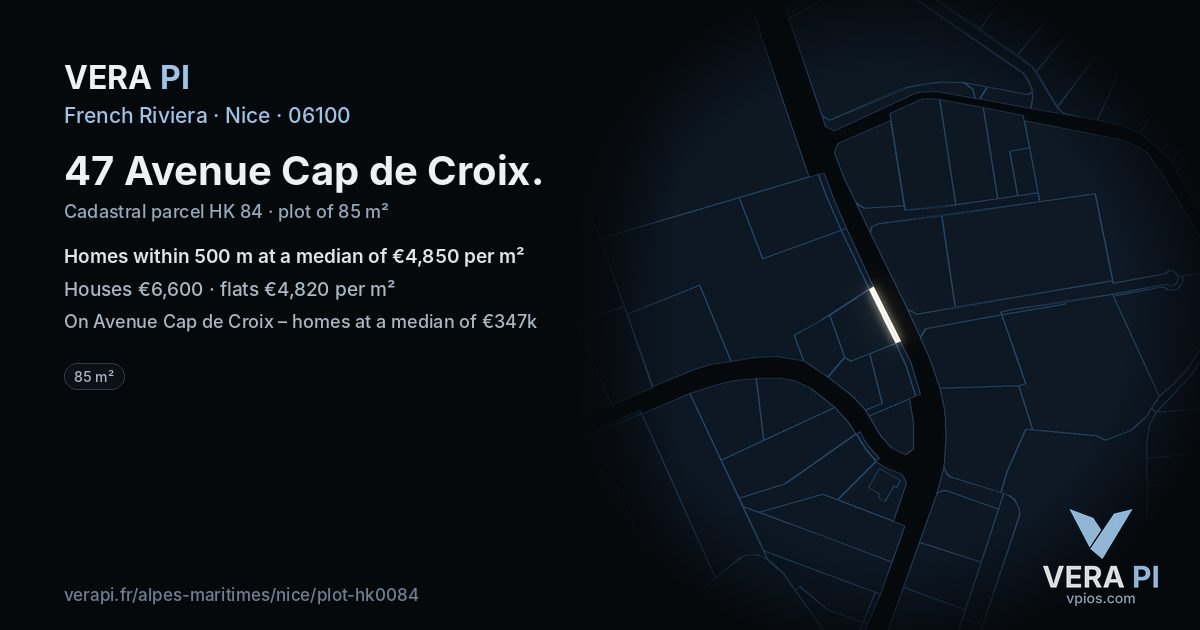 47 Avenue Cap de Croix, Nice at night – the plot lit, the parcels around coloured by the prices near them