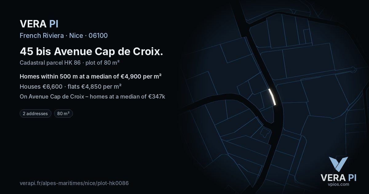 45 bis Avenue Cap de Croix, Nice at night – the plot lit, the parcels around coloured by the prices near them