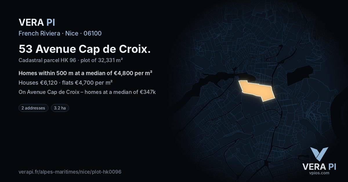 53 Avenue Cap de Croix, Nice at night – the plot lit, the parcels around coloured by the prices near them