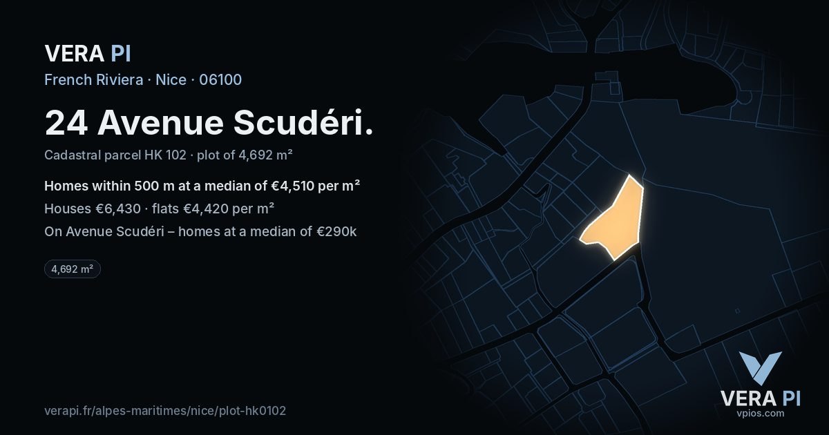 24 Avenue Scudéri, Nice at night – the plot lit, the parcels around coloured by the prices near them