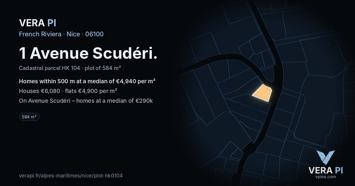 1 Avenue Scudéri, Nice at night – the plot lit, the parcels around coloured by the prices near them