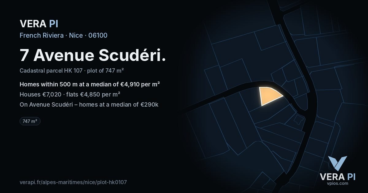 7 Avenue Scudéri, Nice at night – the plot lit, the parcels around coloured by the prices near them