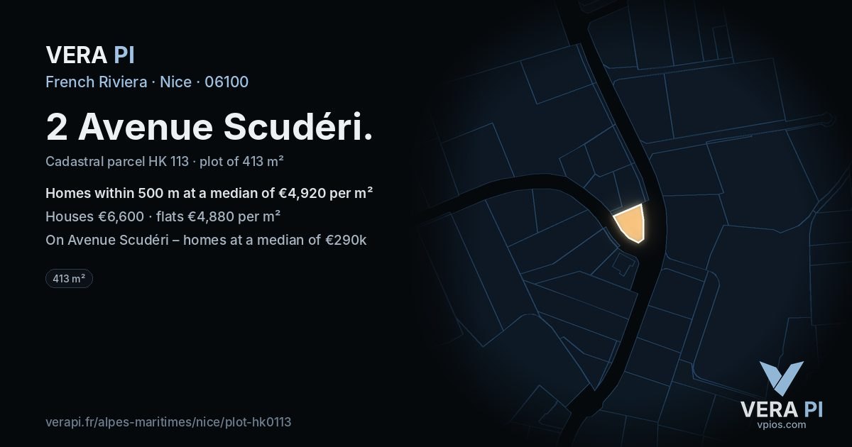 2 Avenue Scudéri, Nice at night – the plot lit, the parcels around coloured by the prices near them