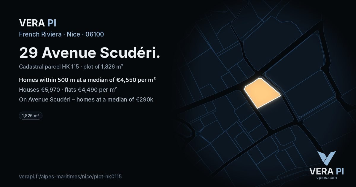 29 Avenue Scudéri, Nice at night – the plot lit, the parcels around coloured by the prices near them