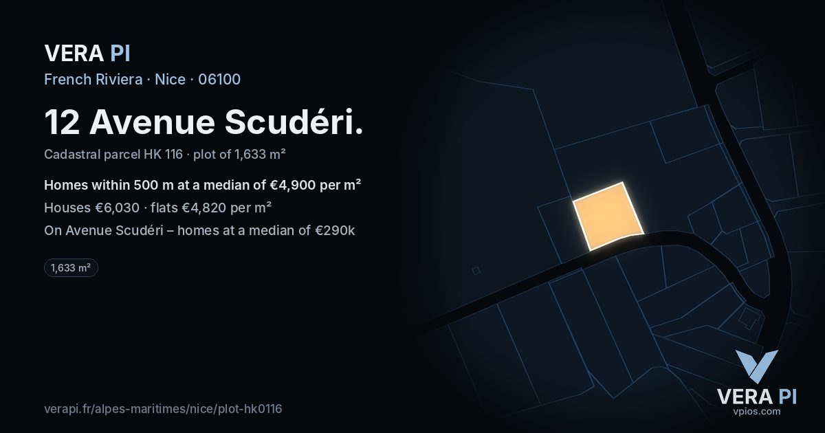 12 Avenue Scudéri, Nice at night – the plot lit, the parcels around coloured by the prices near them