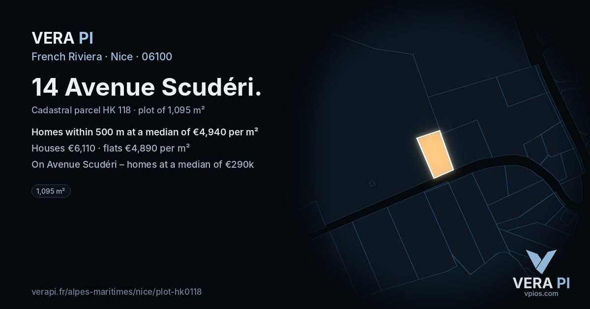 14 Avenue Scudéri, Nice at night – the plot lit, the parcels around coloured by the prices near them