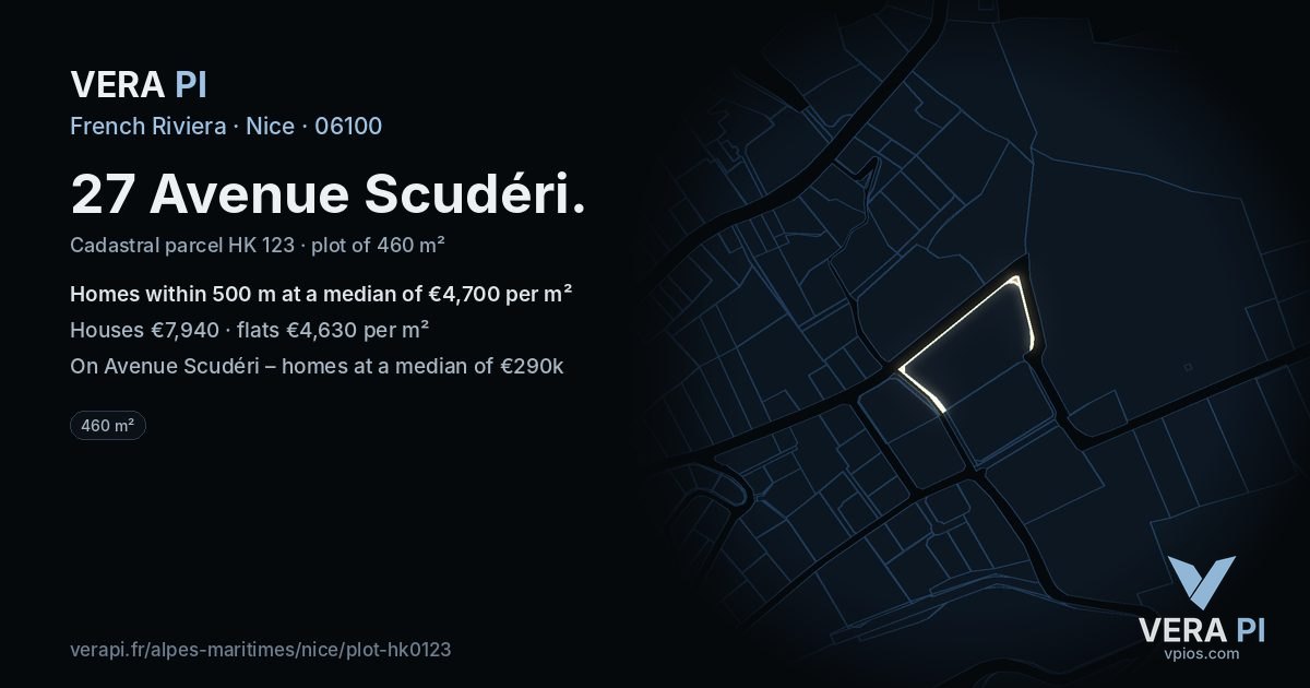27 Avenue Scudéri, Nice at night – the plot lit, the parcels around coloured by the prices near them