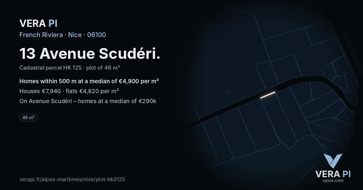 13 Avenue Scudéri, Nice at night – the plot lit, the parcels around coloured by the prices near them