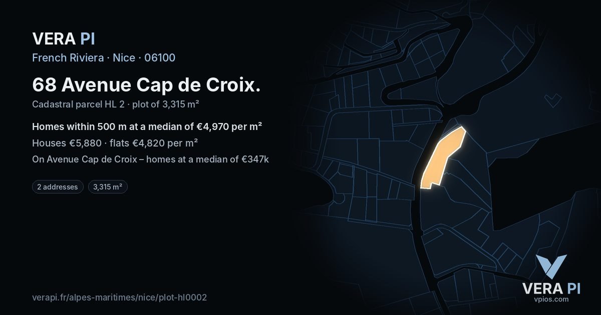 68 Avenue Cap de Croix, Nice at night – the plot lit, the parcels around coloured by the prices near them