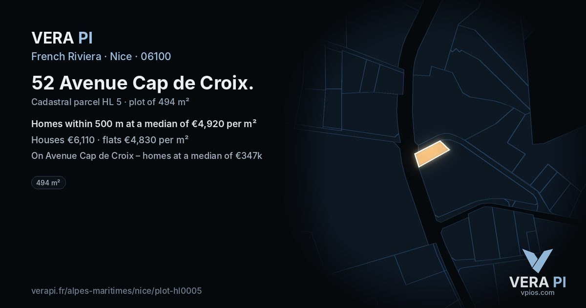 52 Avenue Cap de Croix, Nice at night – the plot lit, the parcels around coloured by the prices near them
