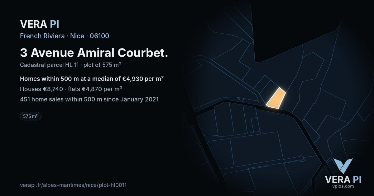 3 Avenue Amiral Courbet, Nice at night – the plot lit, the parcels around coloured by the prices near them