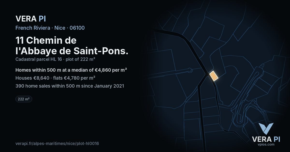 11 Chemin de l'Abbaye de Saint-Pons, Nice at night – the plot lit, the parcels around coloured by the prices near them