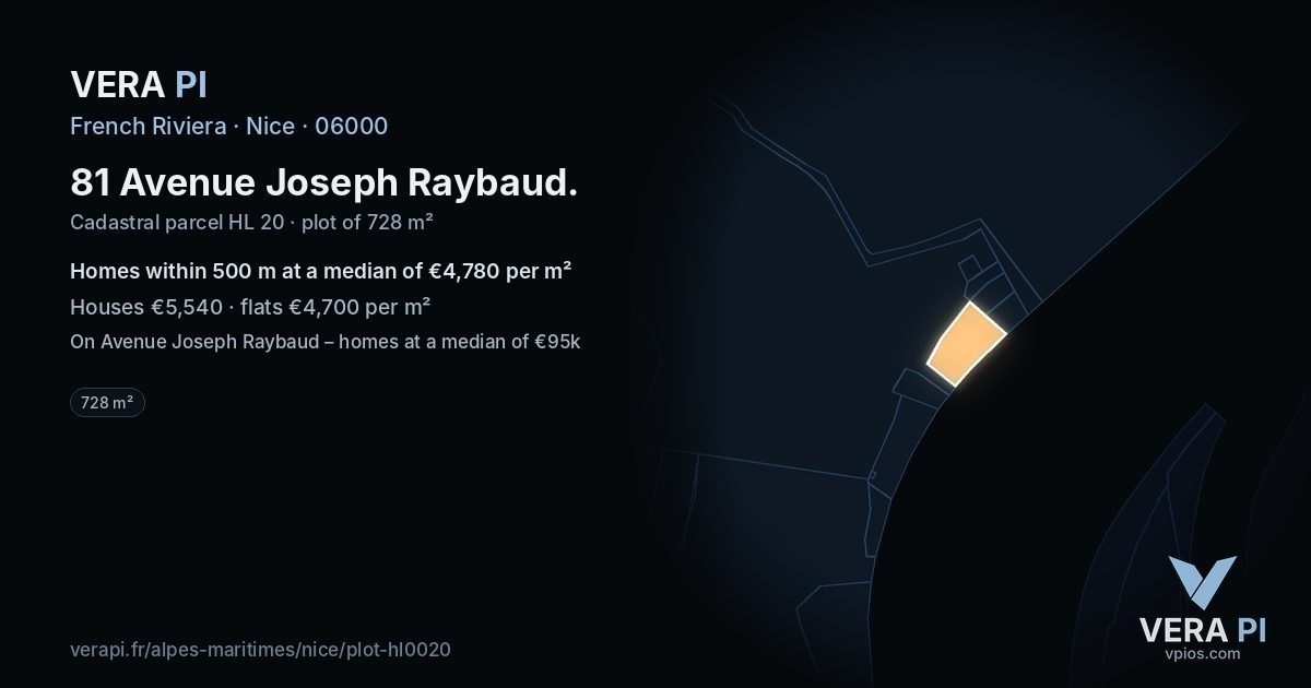 81 Avenue Joseph Raybaud, Nice at night – the plot lit, the parcels around coloured by the prices near them