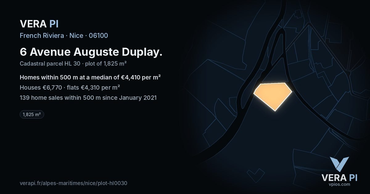 6 Avenue Auguste Duplay, Nice at night – the plot lit, the parcels around coloured by the prices near them