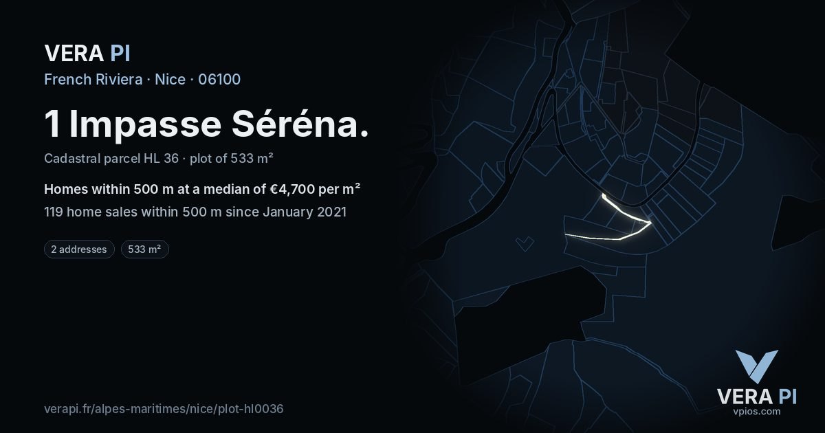 1 Impasse Séréna, Nice at night – the plot lit, the parcels around coloured by the prices near them