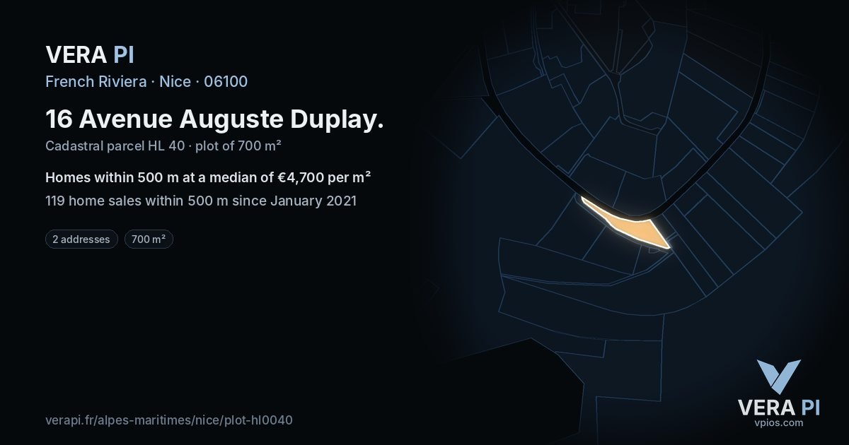 16 Avenue Auguste Duplay, Nice at night – the plot lit, the parcels around coloured by the prices near them