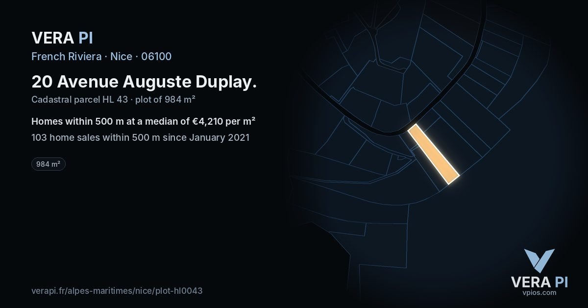 20 Avenue Auguste Duplay, Nice at night – the plot lit, the parcels around coloured by the prices near them