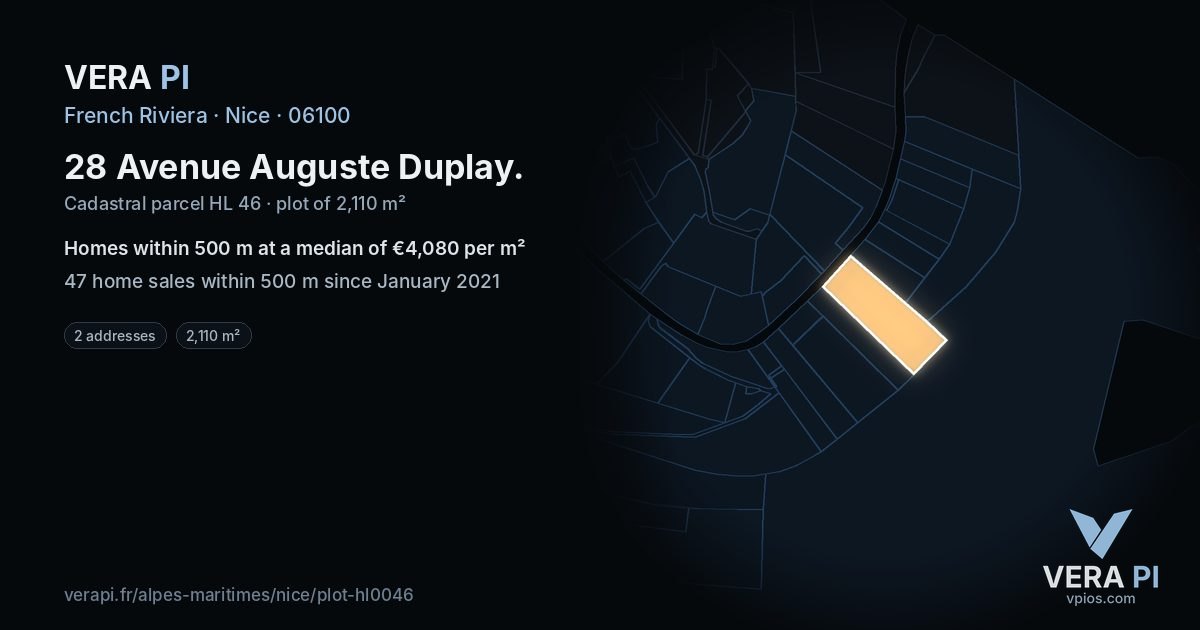 28 Avenue Auguste Duplay, Nice at night – the plot lit, the parcels around coloured by the prices near them