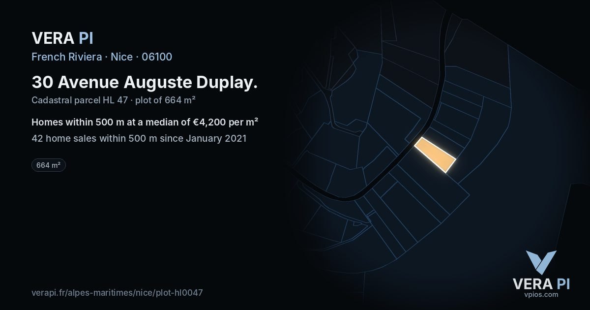 30 Avenue Auguste Duplay, Nice at night – the plot lit, the parcels around coloured by the prices near them