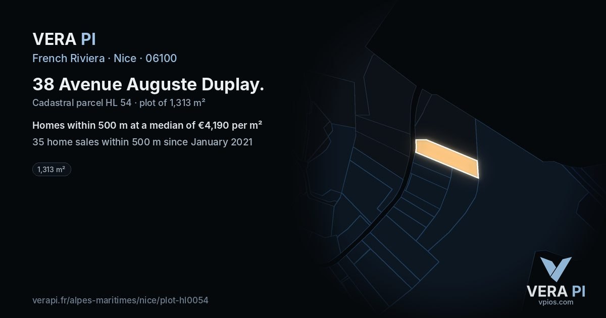 38 Avenue Auguste Duplay, Nice at night – the plot lit, the parcels around coloured by the prices near them