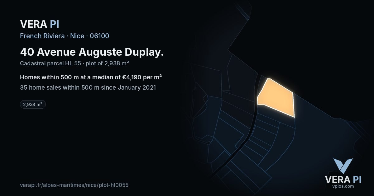 40 Avenue Auguste Duplay, Nice at night – the plot lit, the parcels around coloured by the prices near them