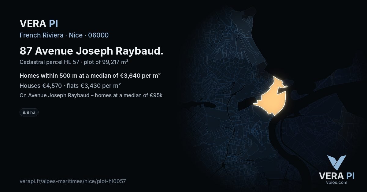 87 Avenue Joseph Raybaud, Nice at night – the plot lit, the parcels around coloured by the prices near them