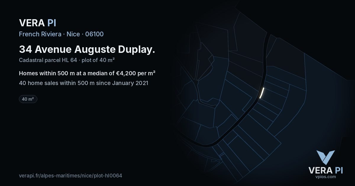 34 Avenue Auguste Duplay, Nice at night – the plot lit, the parcels around coloured by the prices near them