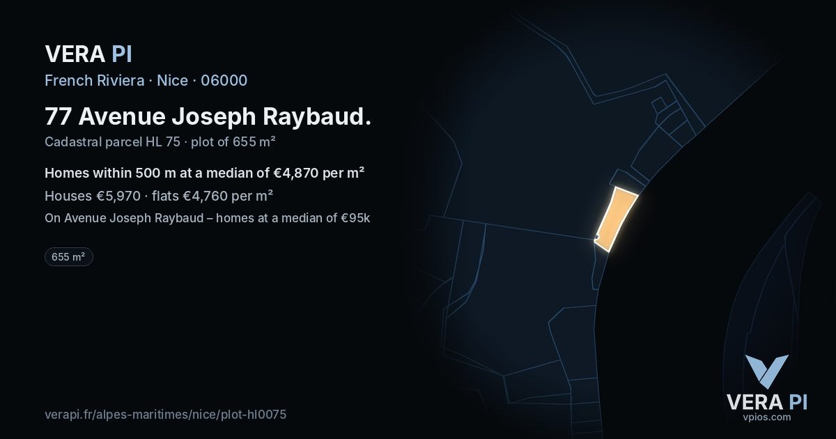 77 Avenue Joseph Raybaud, Nice at night – the plot lit, the parcels around coloured by the prices near them