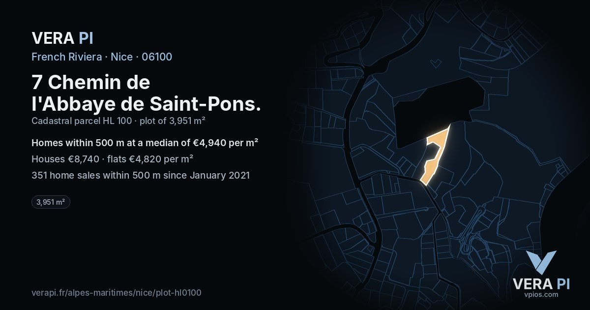 7 Chemin de l'Abbaye de Saint-Pons, Nice at night – the plot lit, the parcels around coloured by the prices near them