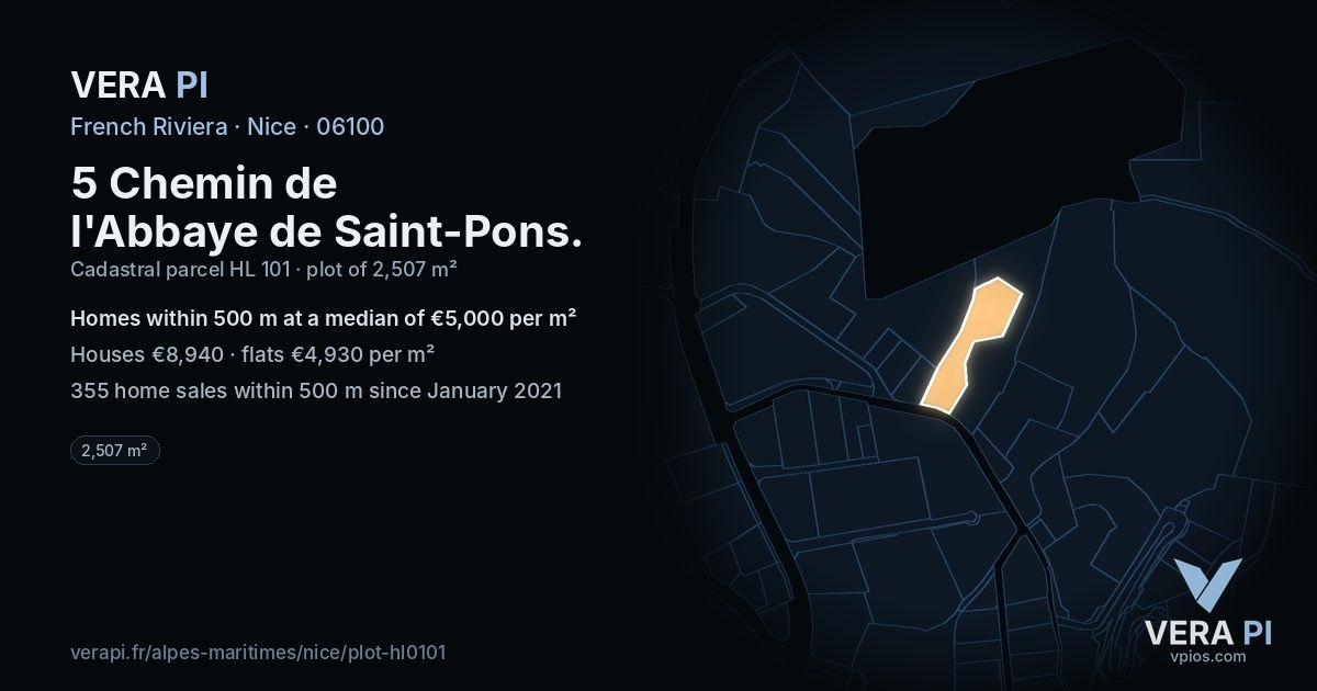 5 Chemin de l'Abbaye de Saint-Pons, Nice at night – the plot lit, the parcels around coloured by the prices near them