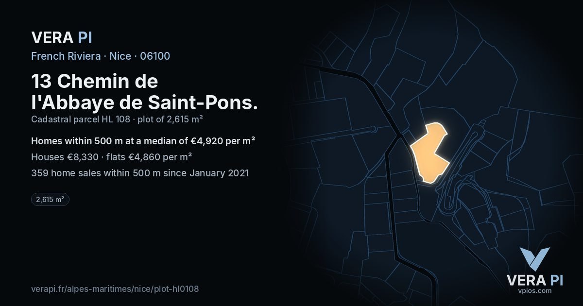 13 Chemin de l'Abbaye de Saint-Pons, Nice at night – the plot lit, the parcels around coloured by the prices near them