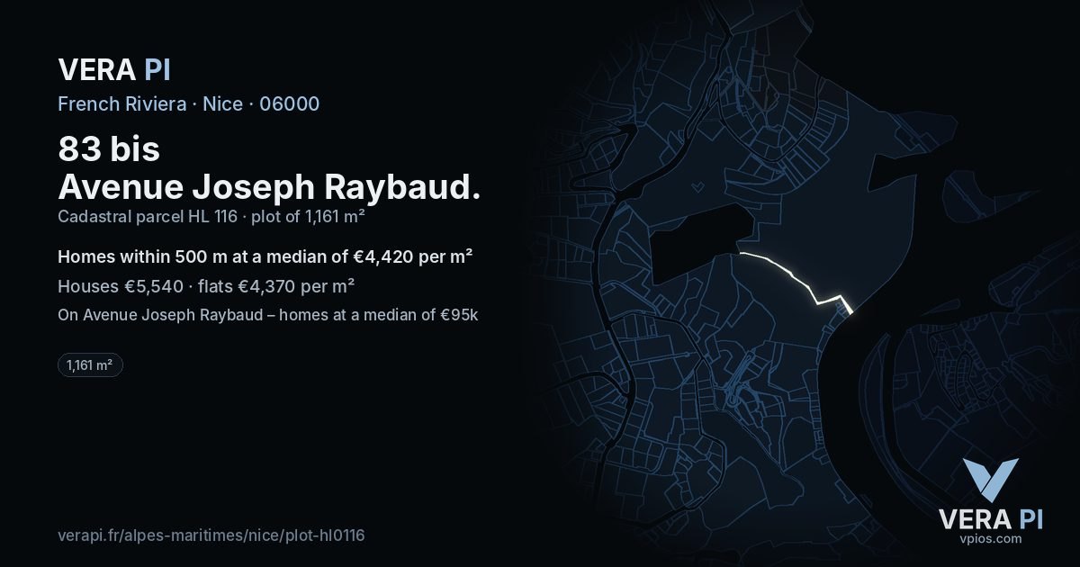 83 bis Avenue Joseph Raybaud, Nice at night – the plot lit, the parcels around coloured by the prices near them