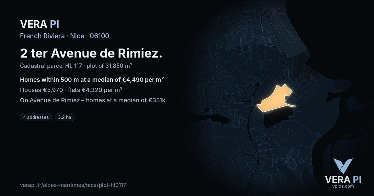 2 ter Avenue de Rimiez, Nice at night – the plot lit, the parcels around coloured by the prices near them