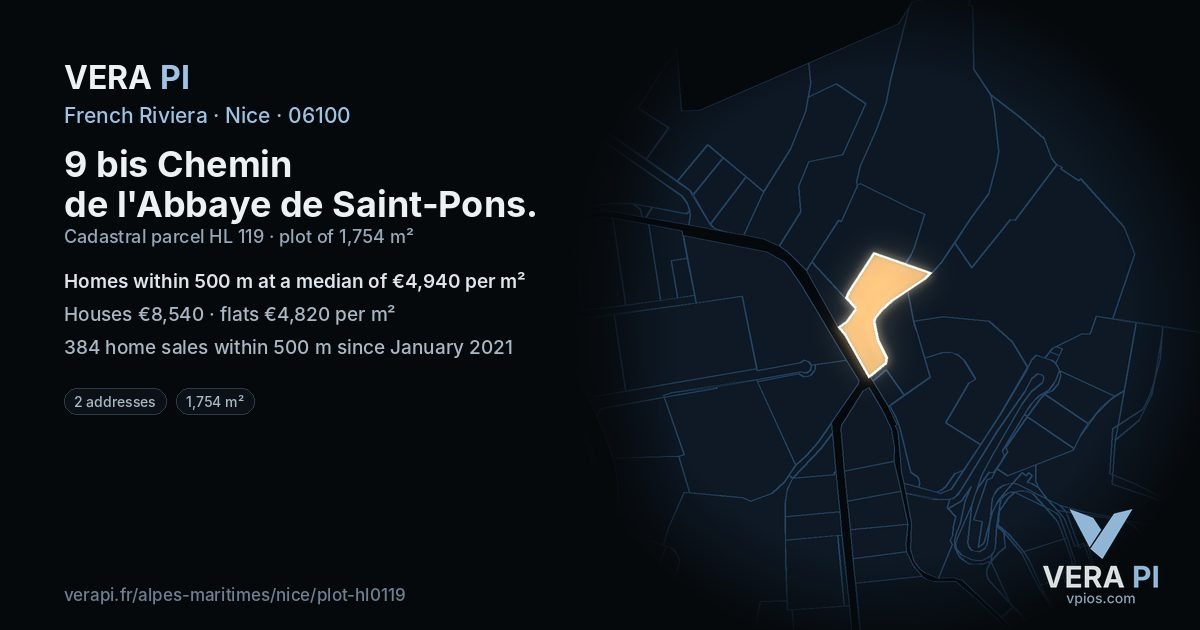 9 bis Chemin de l'Abbaye de Saint-Pons, Nice at night – the plot lit, the parcels around coloured by the prices near them