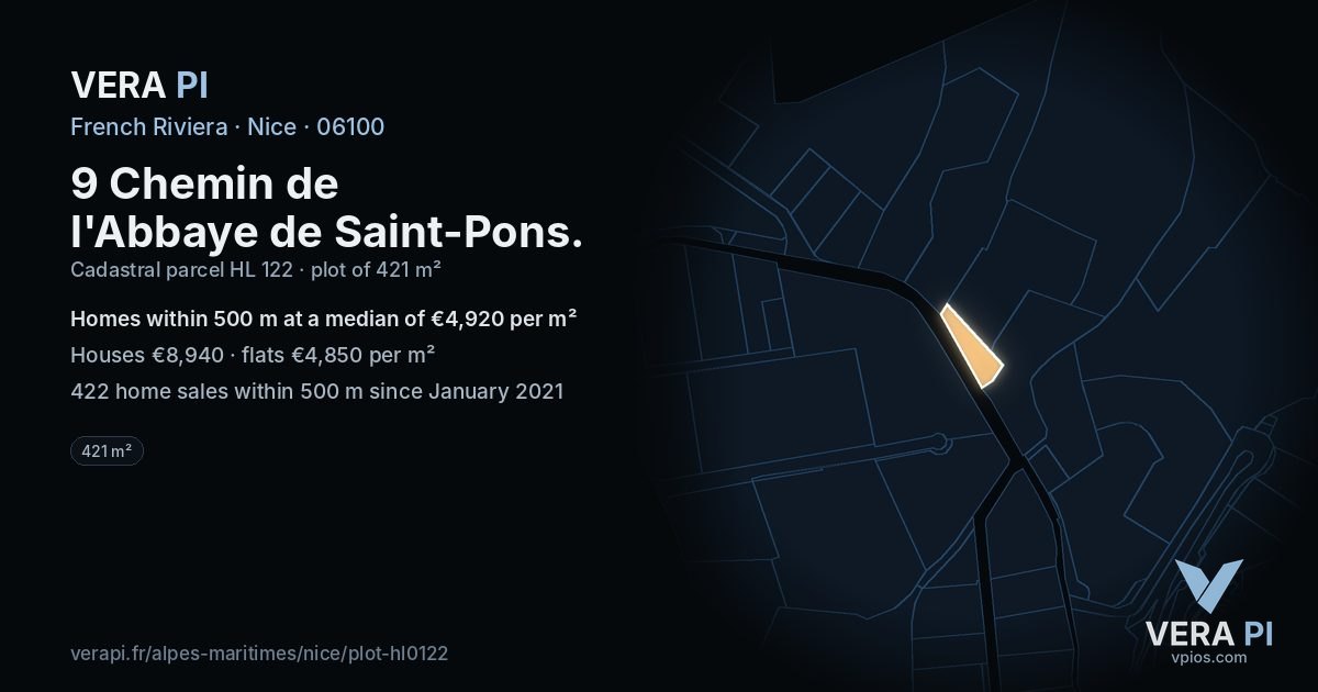 9 Chemin de l'Abbaye de Saint-Pons, Nice at night – the plot lit, the parcels around coloured by the prices near them
