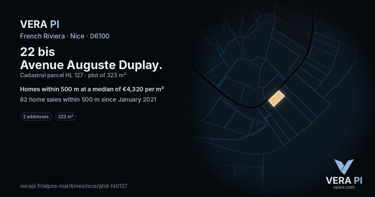 22 bis Avenue Auguste Duplay, Nice at night – the plot lit, the parcels around coloured by the prices near them