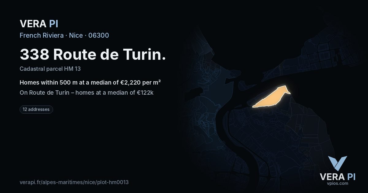 338 Route de Turin, Nice at night – the plot lit, the parcels around coloured by the prices near them