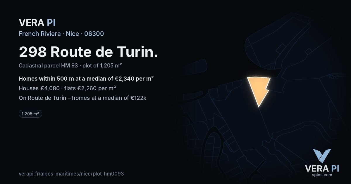 298 Route de Turin, Nice at night – the plot lit, the parcels around coloured by the prices near them