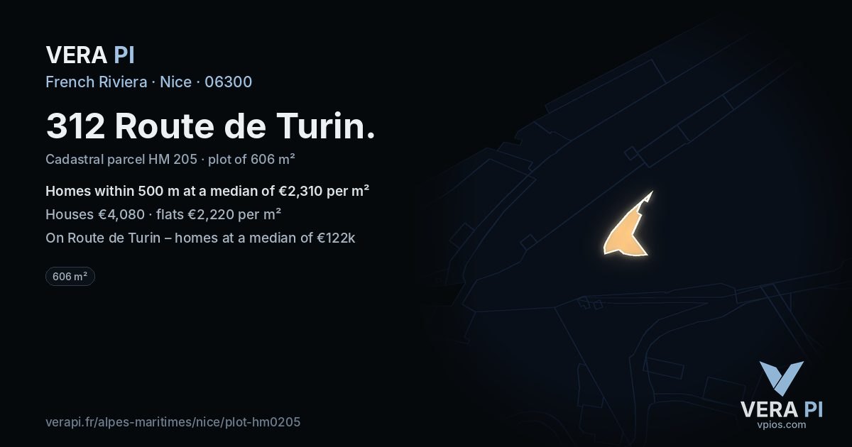 312 Route de Turin, Nice at night – the plot lit, the parcels around coloured by the prices near them