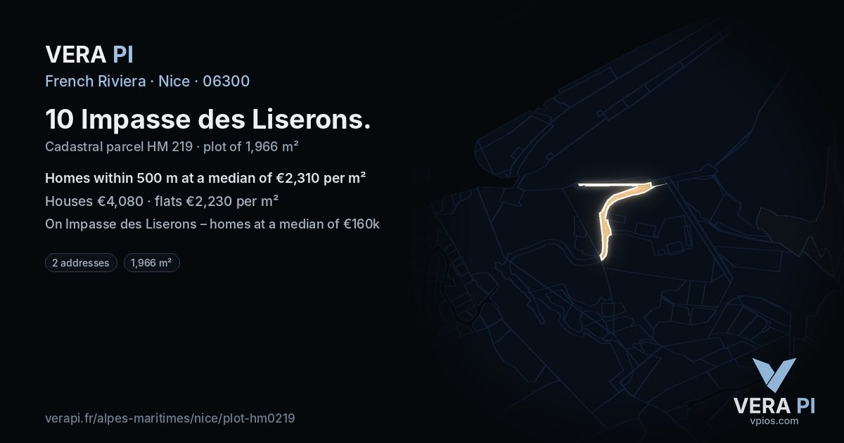 10 Impasse des Liserons, Nice at night – the plot lit, the parcels around coloured by the prices near them