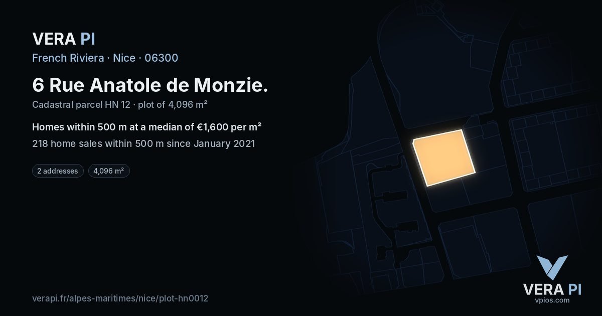 6 Rue Anatole de Monzie, Nice at night – the plot lit, the parcels around coloured by the prices near them