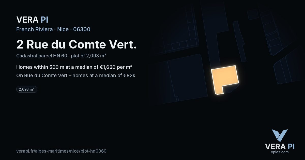 2 Rue du Comte Vert, Nice at night – the plot lit, the parcels around coloured by the prices near them