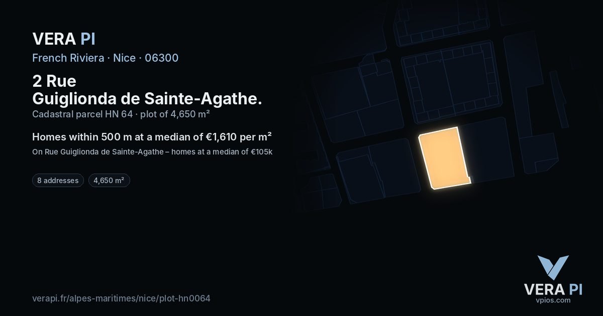 2 Rue Guiglionda de Sainte-Agathe, Nice at night – the plot lit, the parcels around coloured by the prices near them