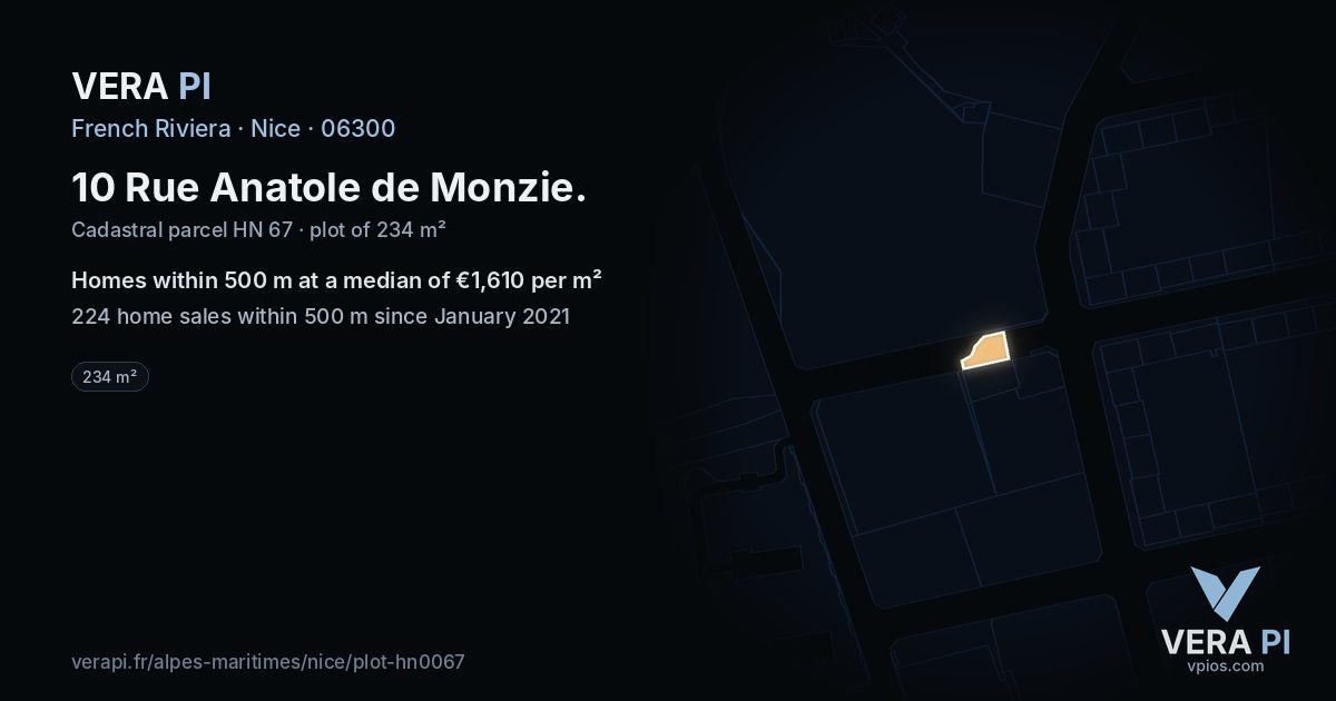 10 Rue Anatole de Monzie, Nice at night – the plot lit, the parcels around coloured by the prices near them