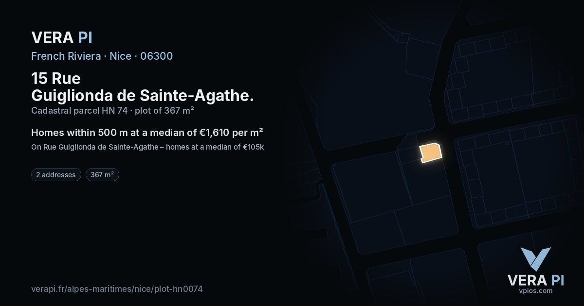 15 Rue Guiglionda de Sainte-Agathe, Nice at night – the plot lit, the parcels around coloured by the prices near them