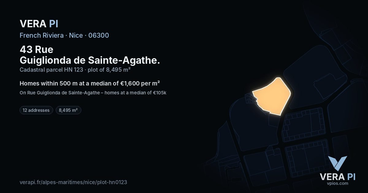 43 Rue Guiglionda de Sainte-Agathe, Nice at night – the plot lit, the parcels around coloured by the prices near them