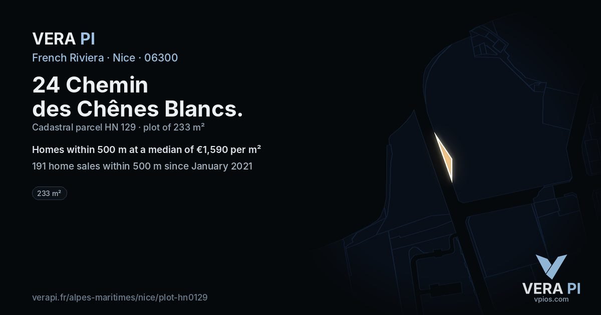 24 Chemin des Chênes Blancs, Nice at night – the plot lit, the parcels around coloured by the prices near them