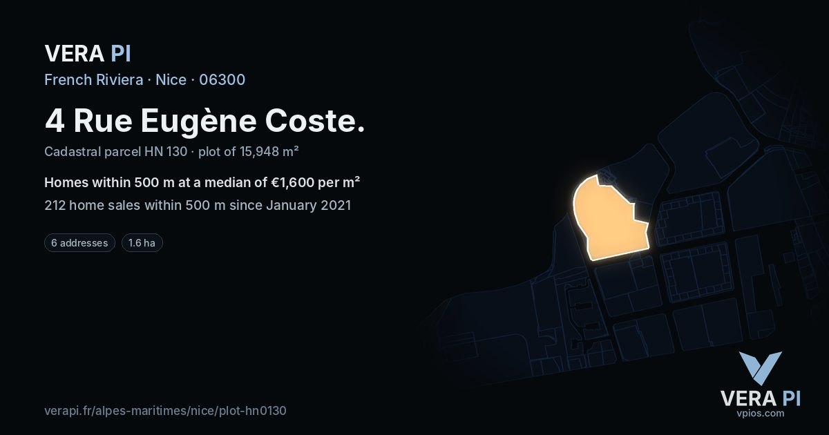 4 Rue Eugène Coste, Nice at night – the plot lit, the parcels around coloured by the prices near them