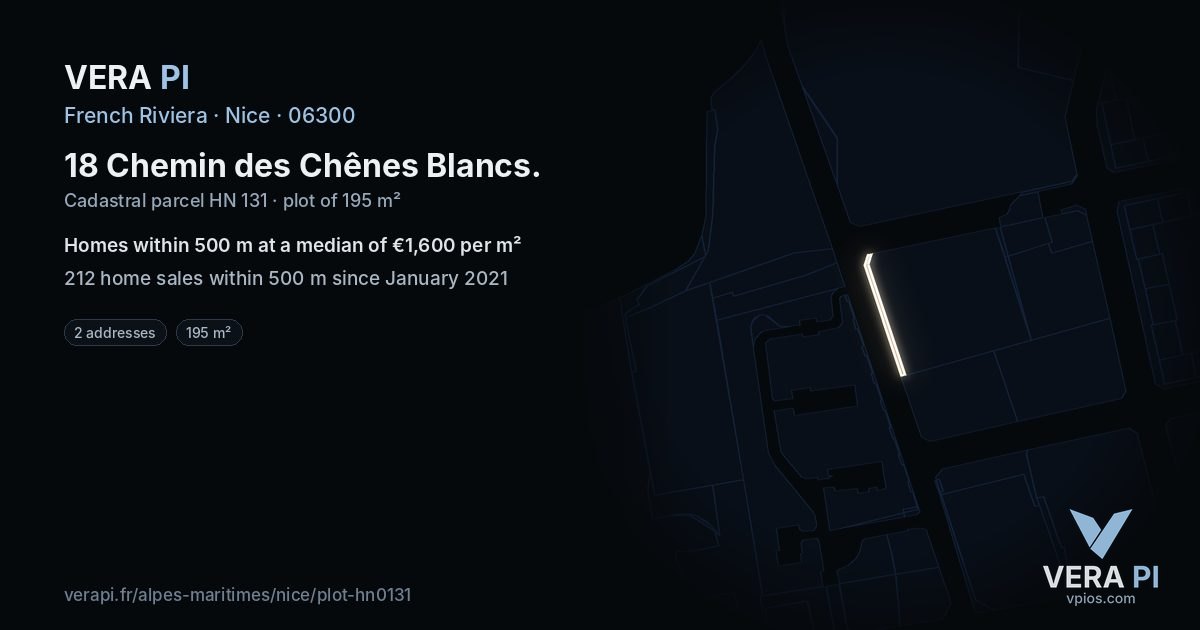 18 Chemin des Chênes Blancs, Nice at night – the plot lit, the parcels around coloured by the prices near them