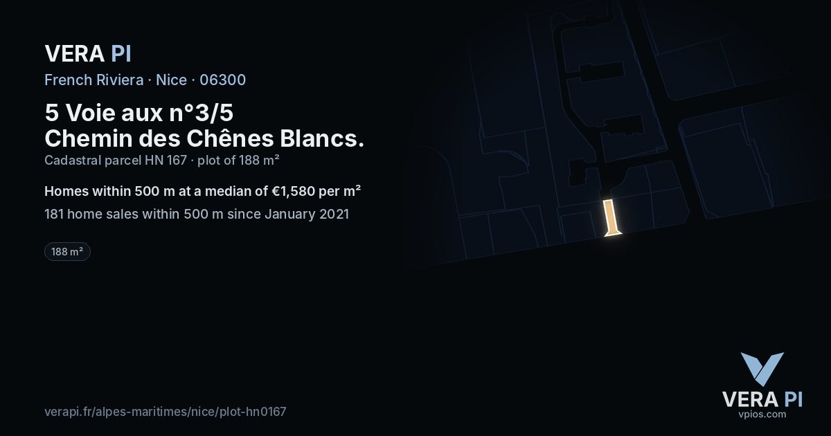 5 Voie aux n°3/5 Chemin des Chênes Blancs, Nice at night – the plot lit, the parcels around coloured by the prices near them